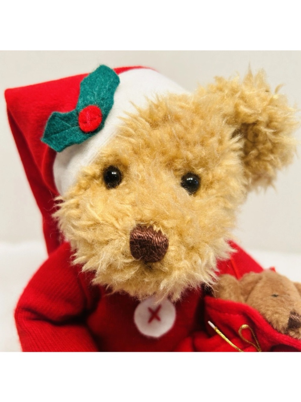 Vintage RUSS BERRIE & Co “Steiff Look” Christmas Santa Bear Red Sweater & puppy